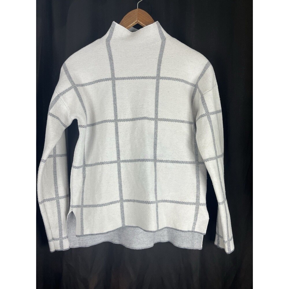 Max Studio By NorstromWindowpane Knit Sweater Women XS Gray White Mock Neck Cozy